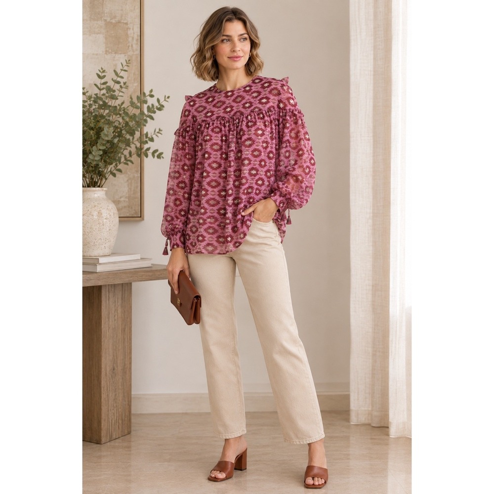 Sachin & Babi Mauve Geometric Ikat Tassel Long Sleeve Blouse Size XS